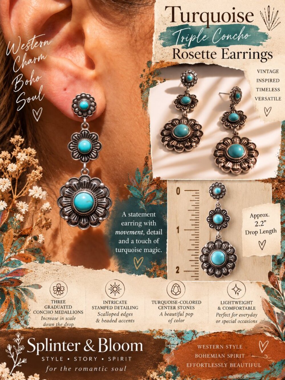 NWT Turquoise Triple Concho Rosette Western Dangle Earrings